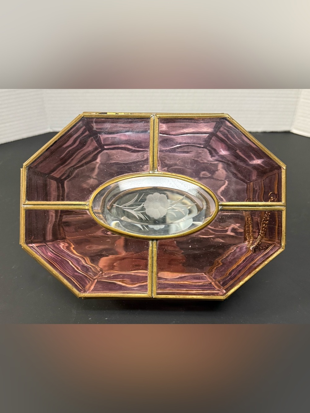 Authentic Vintage Via Vermont Purple Stained Glass Jewelry Box Mirror Base